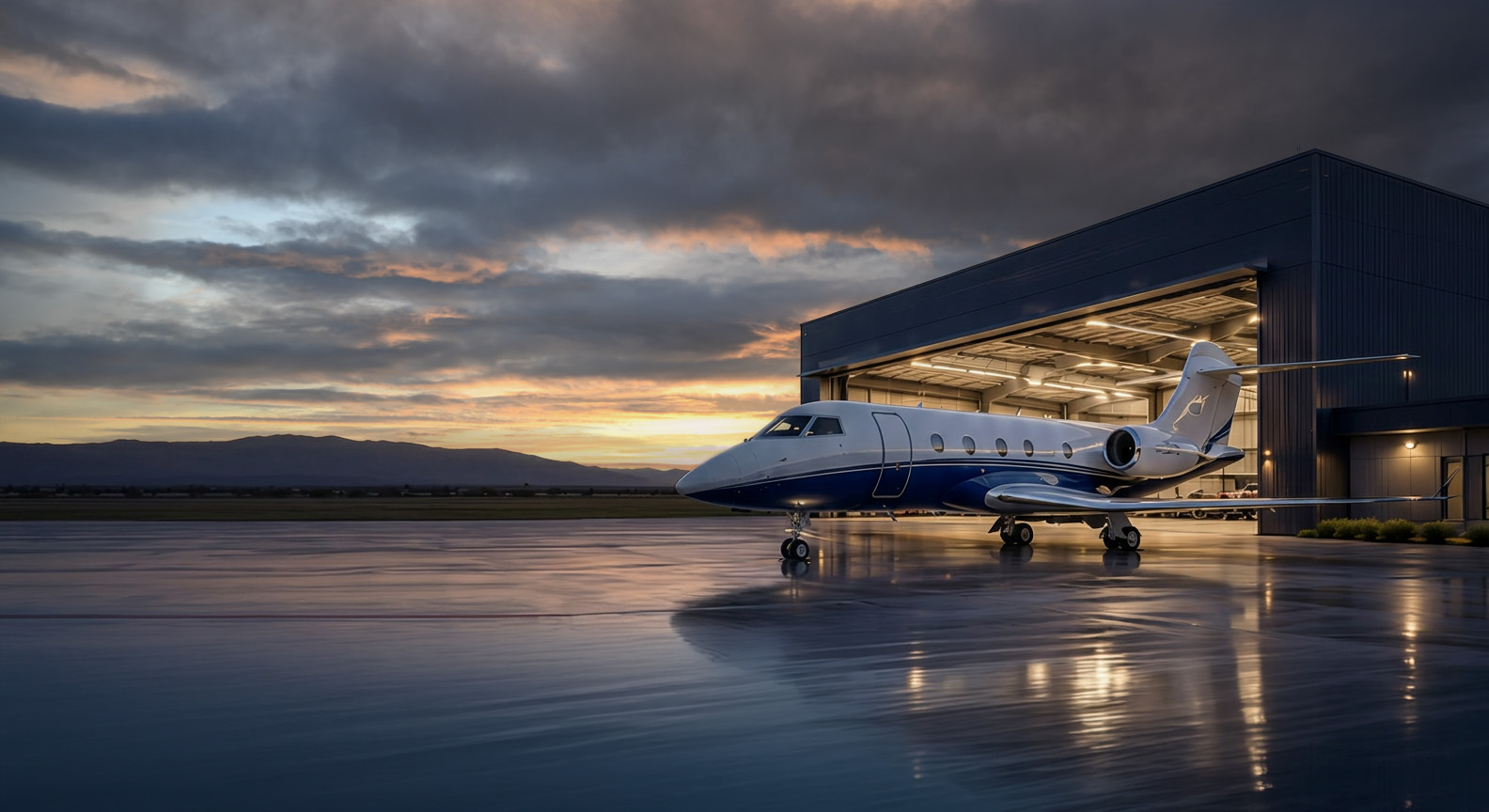 A business jet parked at an executive hangar at dusk — SkyLofts at Goodyear.