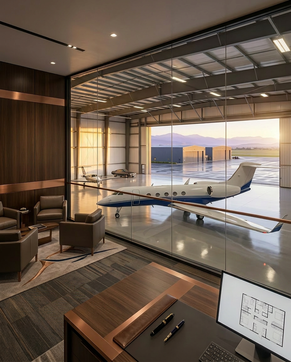 Customizable hangar interior with mezzanine