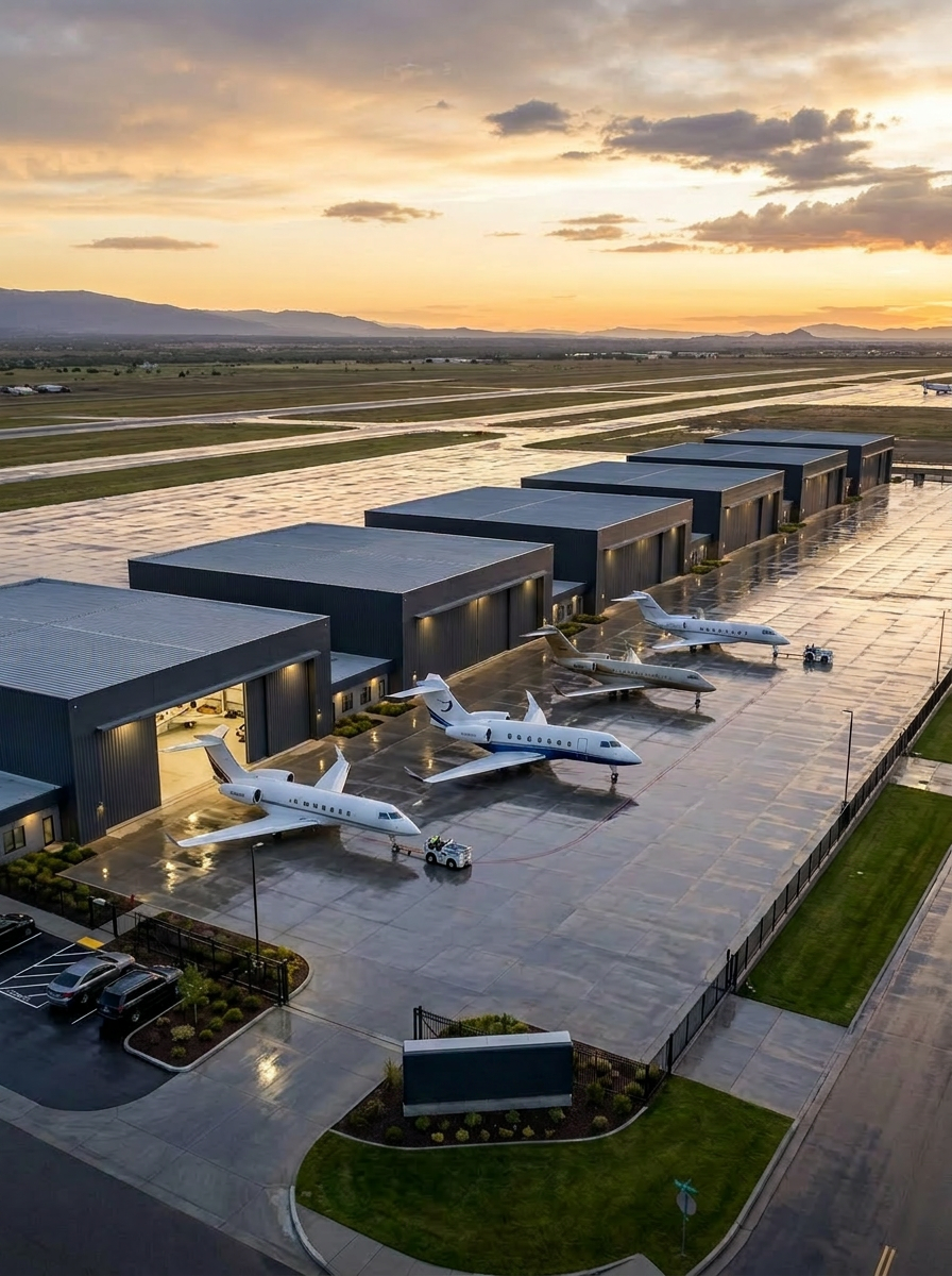 Aerial view of a row of executive hangars with business jets parked on the apron at golden hour.